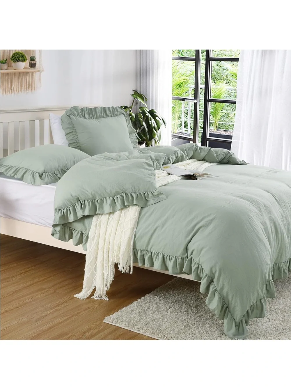 NEW CAROMIO Ruffle Duvet Cover King Size, 3PCS with Button Closure, Sage Green